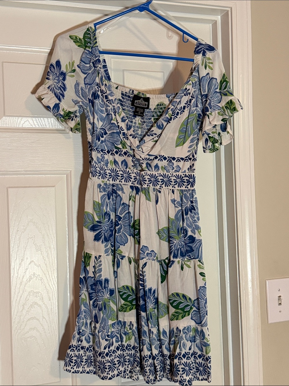 Angie White Dress with Blue Floral and Green Leaves